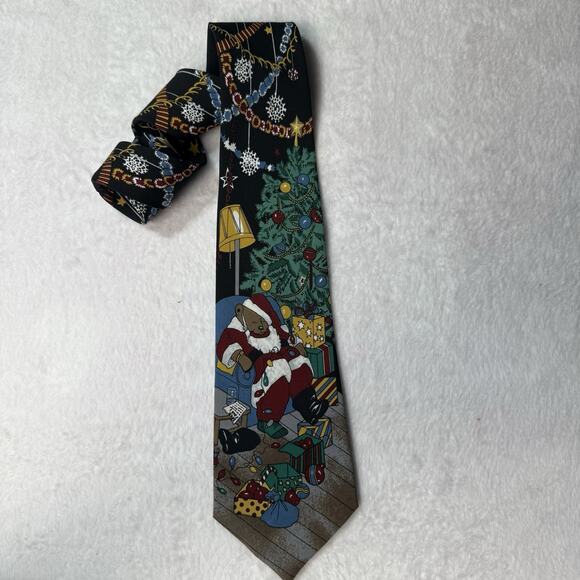 Christmas Men’s Tie Sleeping Santa Bear Present Christmas Tree Funny Novelty - Picture 1 of 4